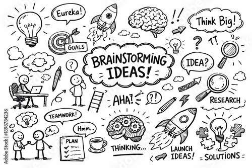 Brainstorming ideas concept with doodles of lightbulbs, rockets, and thought bubbles