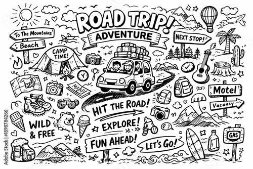 Cartoon road trip adventure with friends and fun doodles