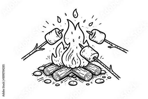 Campfire cooking with roasting marshmallows on sticks in nature