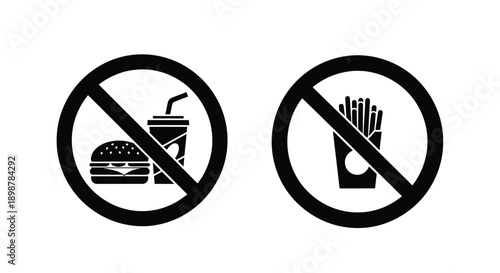 Prohibition signs depicting no food or drinks allowed burger and fries