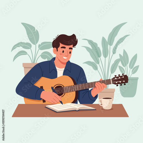 Flat design smiling young man playing acoustic guitar and writing music notes at desk with coffee cup and green plants