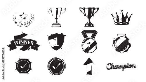 Collection of black and white trophy icons and winner badges illustrating awards and victory symbols.