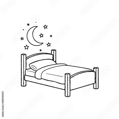 Cozy nighttime bedroom scene featuring a bed with moon and stars overhead for a restful sleep ambiance.
