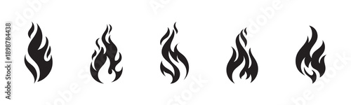 Fire flames icon set. Burning hot vector silhouettes on transparent background