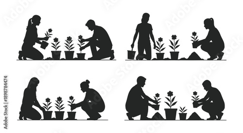 Silhouettes of people gardening and tending to potted plants outdoors