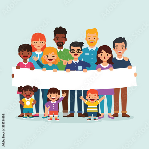 Wallpaper Mural Colorful vector art of diverse smiling people holding blank white banner children waving inviting portrait group illustration Torontodigital.ca