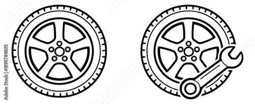Line art automotive icon set featuring car wheels and a wrench for vehicle repair and service