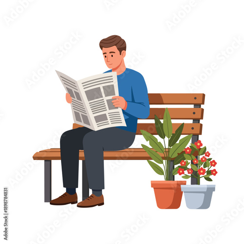 Vector art of a young man sitting on wooden bench reading newspaper near potted plants with red flowers in casual blue sweater and brown shoes