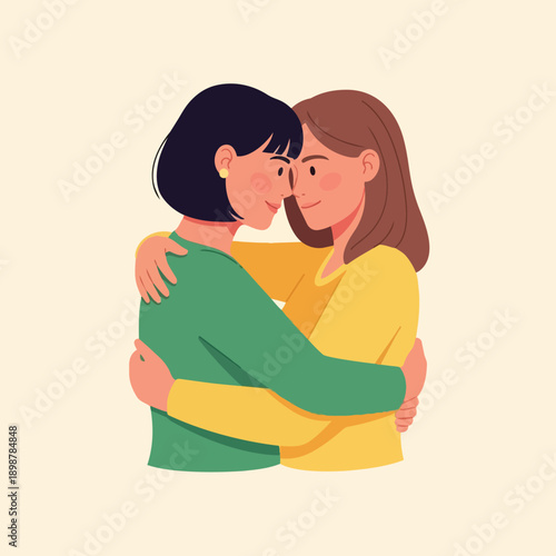 Flat design close up of two women hugging each other with smiling faces showing affection and connection in warm tones