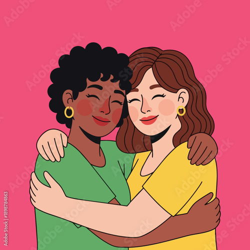 Flat design close up of two smiling women hugging each other wearing green and yellow shirts on pink background