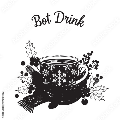 Festive silhouette mug filled with a warm drink, surrounded by holly, snowflakes, and festive foliage.