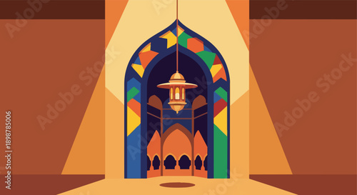 Mosque entrance with hanging lantern illustration isolated white background