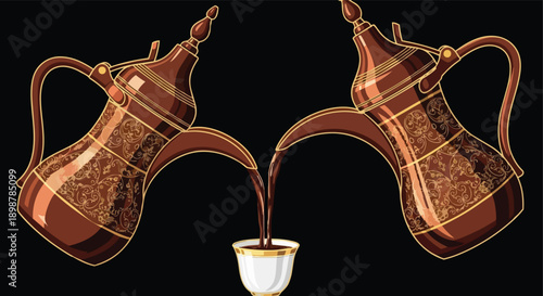 Two Arabic coffee pots pouring into cup isolated black background

