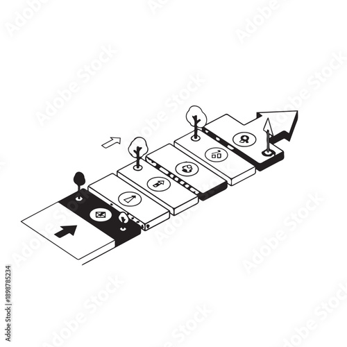 Process flow diagram showing sequential steps with money icons and a hand initiating action in a business context.