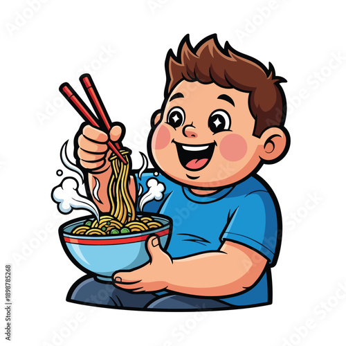 Cartoon boy happily eating steaming noodles with chopsticks holding blue bowl smiling excitedly colorful vector art close up illustration
