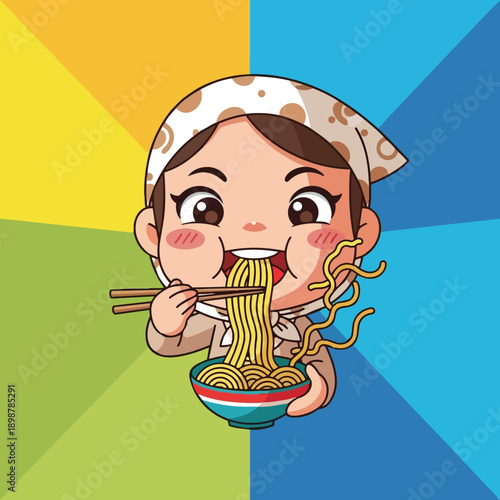 Colorful cartoon close up of smiling girl eating noodles with chopsticks holding bowl on vibrant background