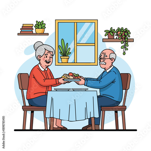 Colorful illustration of elderly couple sharing homemade food across table with plants on shelves in cozy dining room
