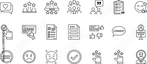 Customer feedback icons, review symbols, rating interface, user experience, testimonial graphics, star ranking, comment bubbles, business evaluation, UX design elements
