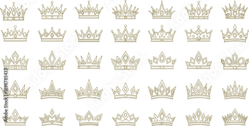 Crown icons, royal design, luxury symbols, achievement elements, monarchy decoration, elegant style, golden outline, regal ornaments, prestige, authority