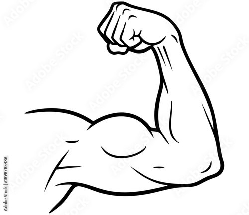 Simple black and white line art illustration of a muscular arm flexing its powerful bicep muscle