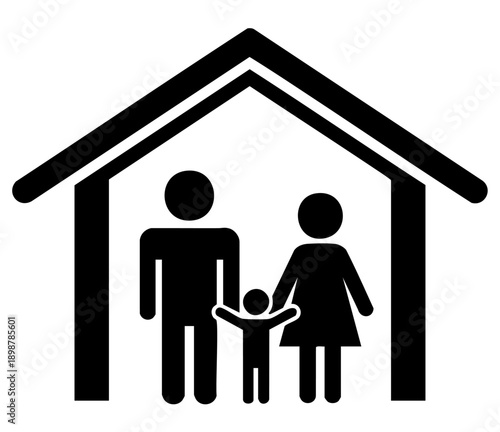 Simple black and white icon representing a nuclear family structure sheltered safely beneath a stylized house roof outline.