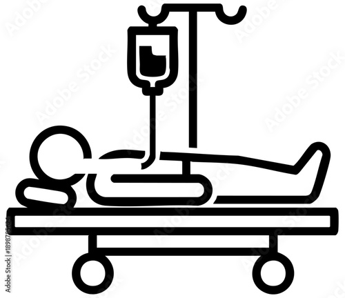 Simple line art icon depicting a patient lying on a gurney receiving intravenous fluid therapy treatment