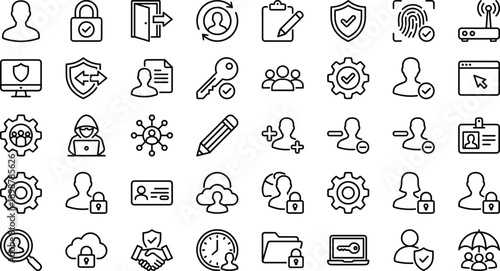 Cybersecurity icons, data protection symbols, user authentication elements, privacy tools, secure access graphics, network safety signs, digital security vector set