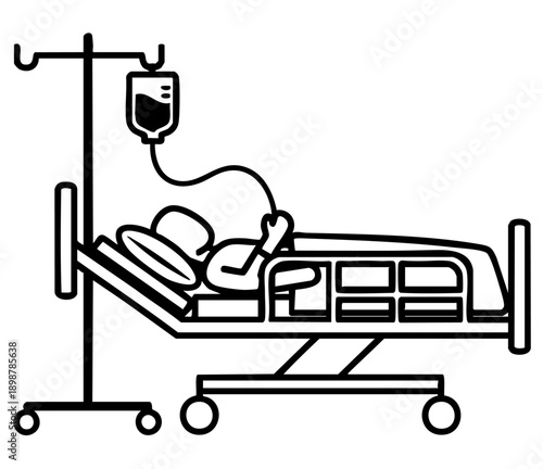 Simple black and white icon depicting a sick patient receiving intravenous fluids on a hospital gurney