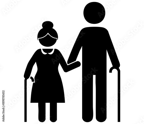 Stylized pictogram of an elderly couple holding hands while using walking assistance aids for support.