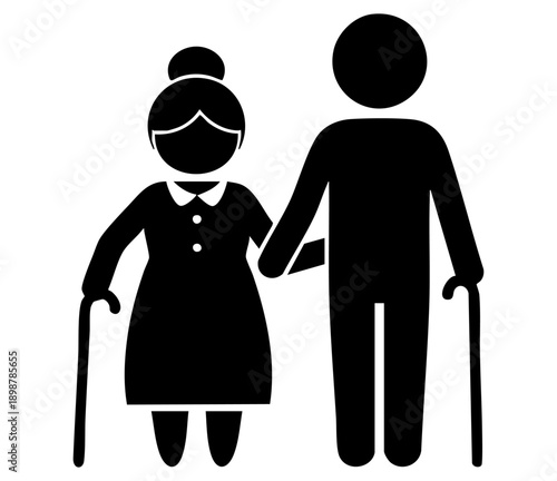 Simple black and white icon depicting an elderly couple walking together holding hands for support