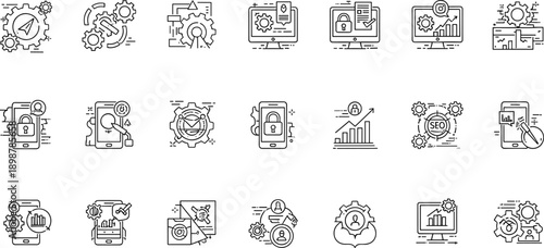 Cybersecurity icons, digital technology, system management, secure access, data protection, mobile security, performance tracking, analytics, network, infrastructure, optimization