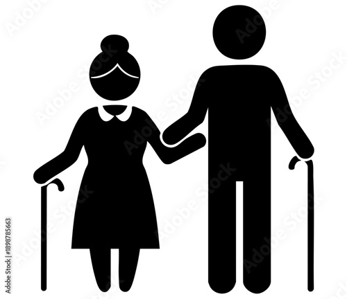 Elderly couple holding hands for support standing together as senior citizens icon illustration