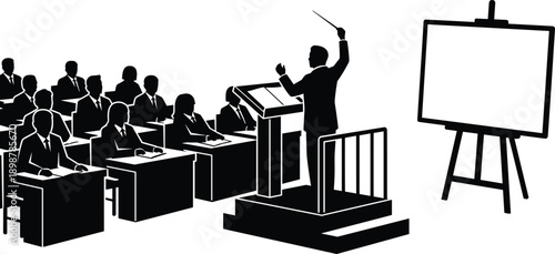 Professional teacher lecturing students in classroom silhouette vector, speaker at podium with whiteboard for business seminar presentation, education and academic training workshop concept