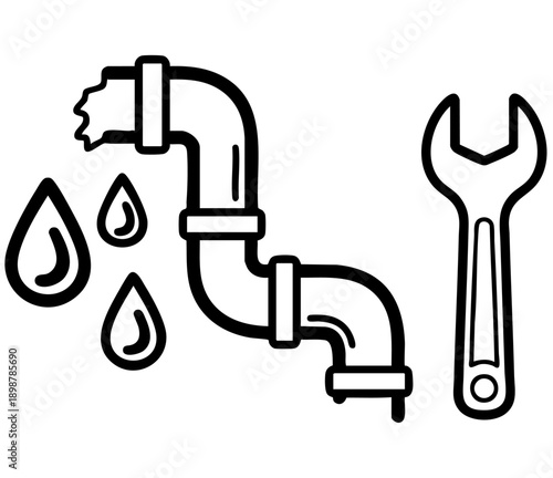 Simple black and white icon depicting a leaking water pipe with a crescent wrench tool nearby for repairs