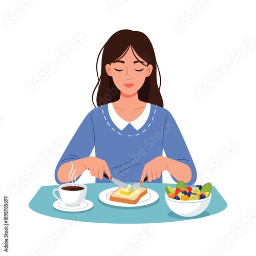 Flat design side view of young woman spreading butter on toast sitting at table with coffee and fruit salad breakfast meal