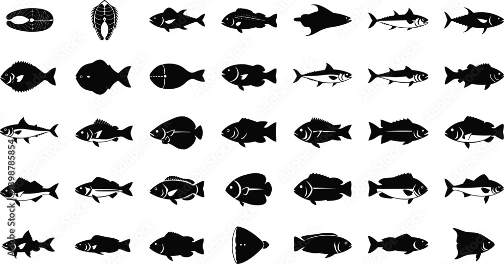 Fototapeta premium Collection of diverse fish silhouettes for design use