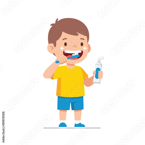 Colorful vector art of smiling boy with brown hair brushing teeth using toothbrush and toothpaste in casual shorts and yellow shirt