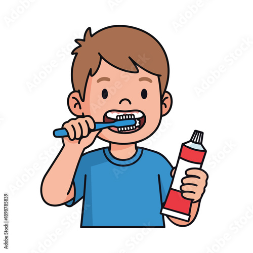 Cartoon vector art of smiling boy brushing teeth with blue toothbrush holding red toothpaste tube wearing blue shirt