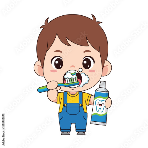 Cute boy brushing teeth with blue and green toothbrush holding smiling tooth toothpaste tube illustration