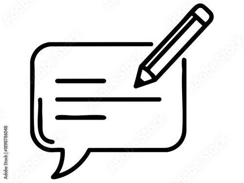 Simple line art icon depicting a speech bubble with a pencil actively writing inside the message area