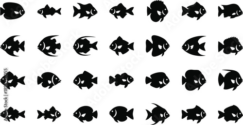 Multiple black fish silhouettes swimming in different directions on white background