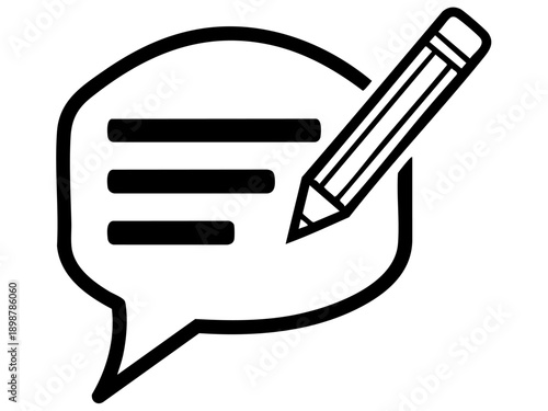 Simple black and white icon representing communication feedback or content creation with a writing tool