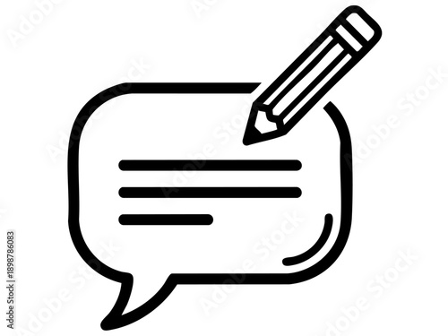 Simple black and white icon representing a message or feedback being written with a pencil tool