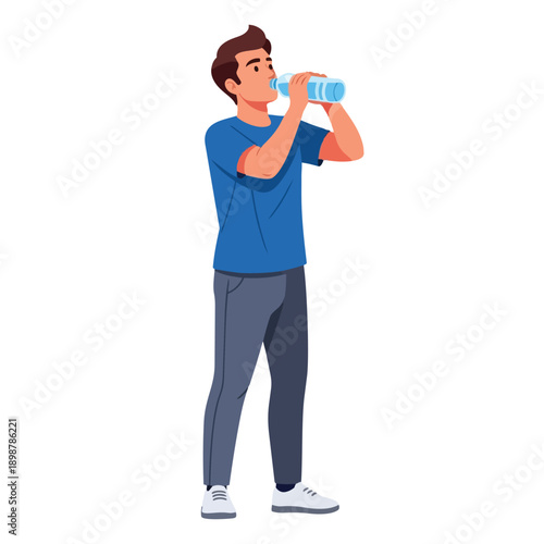 Flat design side view of young man drinking water from transparent bottle dressed in blue shirt and gray pants standing casually