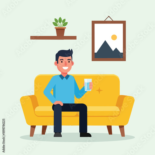 Flat design smiling man sitting on yellow sofa holding glass of water in living room with plant and picture frame
