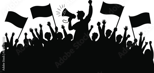 Protest crowd silhouette with megaphone and flags, social movement demonstration activism revolution people power concept illustration vector political rally design