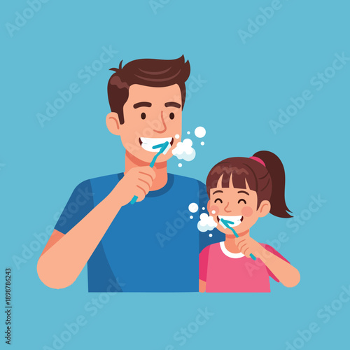 Flat design smiling father and daughter brushing teeth together with blue toothbrushes on light blue background