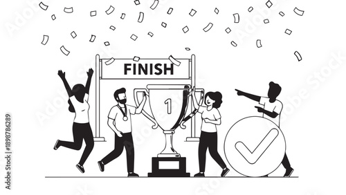 Team celebrates victory at the finish line as confetti falls after crossing with trophy in a televised race moment.