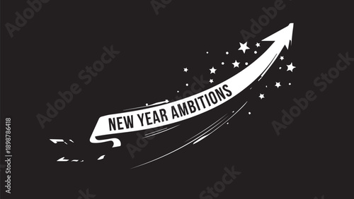 New Year Ambitions Banner with Upward Arrow and Sparkling Swoosh on Dark Background.