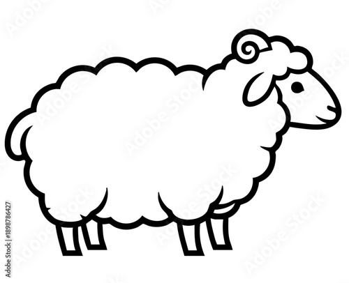 Simple black outline drawing of a fluffy sheep standing in profile perfect for coloring books